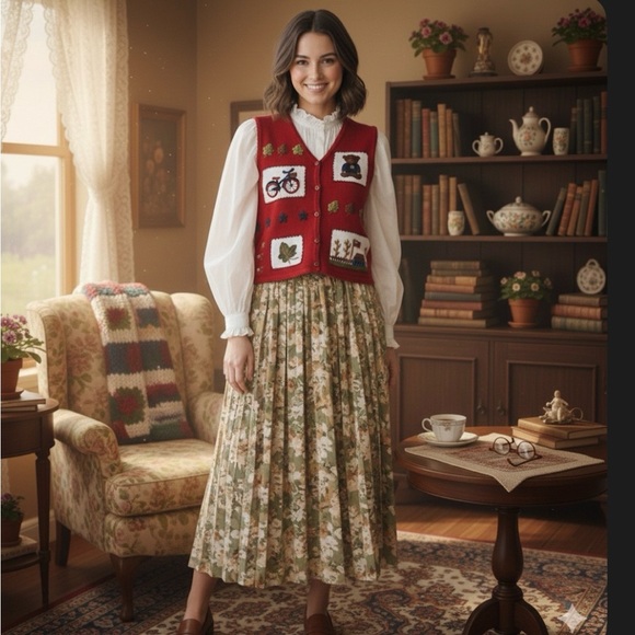 Vintage Sweaters - Marisa Christina Vintage Red Wool Blend Americana Teddy Bear Knit Sweater Vest S